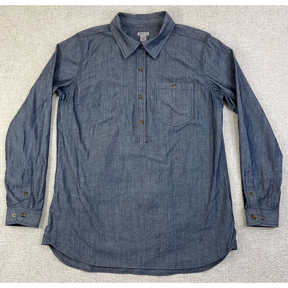 Carhartt Chambray Shirt Flex Women's Large (12/14) Blue Button-Up Long Sleeve